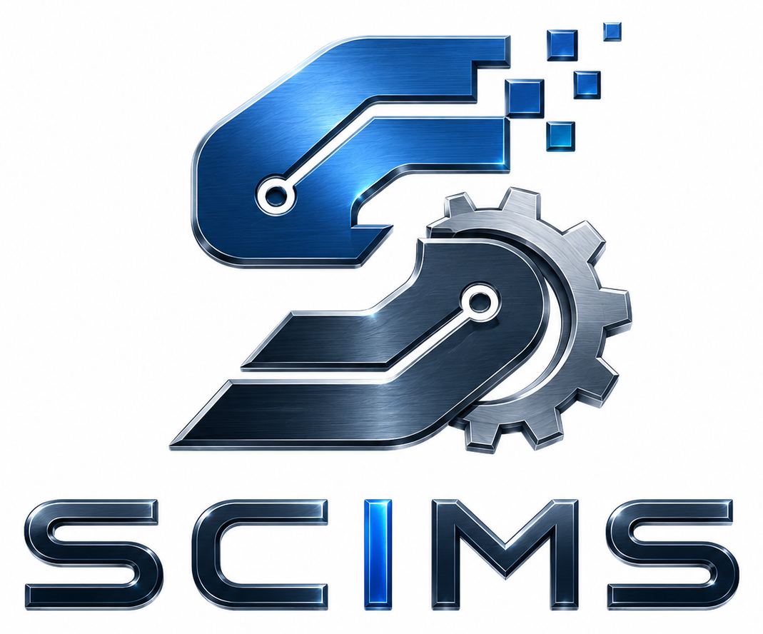 Emblème métallique SCIMS avec engrenage et circuit numérique